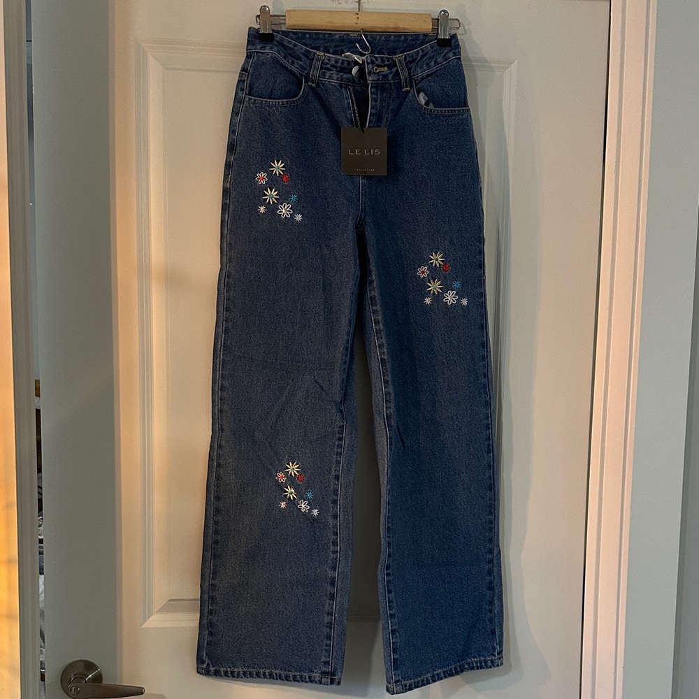 Le Lis Denim with Floral Embroidery Wide Leg Jeans